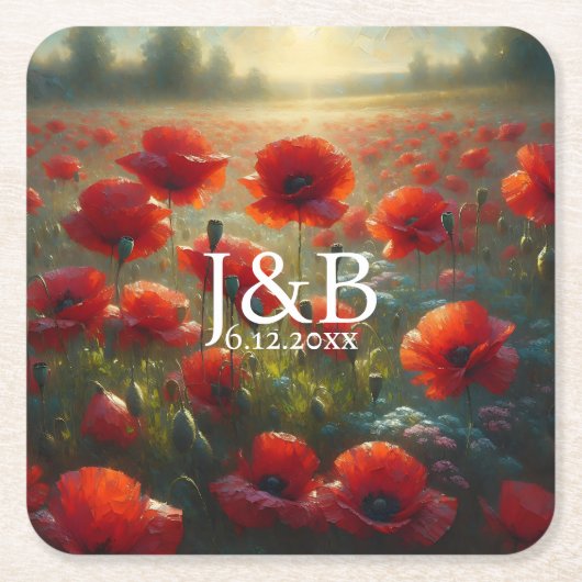 Rode Poppies Floral bruiloft gepersonaliseerd Kartonnen Onderzetters (Voorkant)