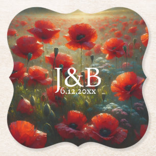 Rode Poppies Floral bruiloft gepersonaliseerd Kartonnen Onderzetters