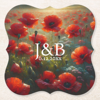 Rode Poppies Floral bruiloft gepersonaliseerd Kartonnen Onderzetters