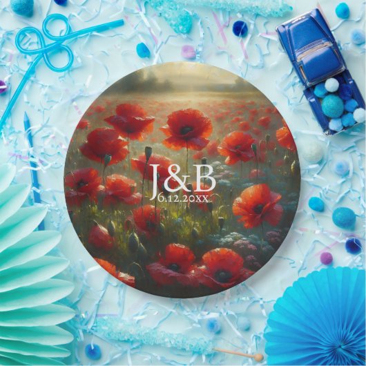 Rode Poppies Floral bruiloft gepersonaliseerd Papieren Bordje (Feest)