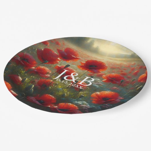 Rode Poppies Floral bruiloft gepersonaliseerd Papieren Bordje (Gekanteld)