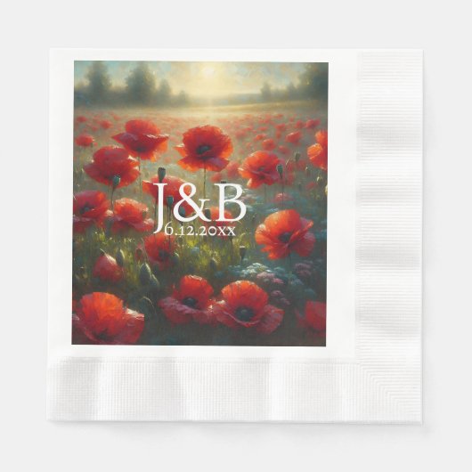 Rode Poppies Floral bruiloft gepersonaliseerd Servet (Voorkant)