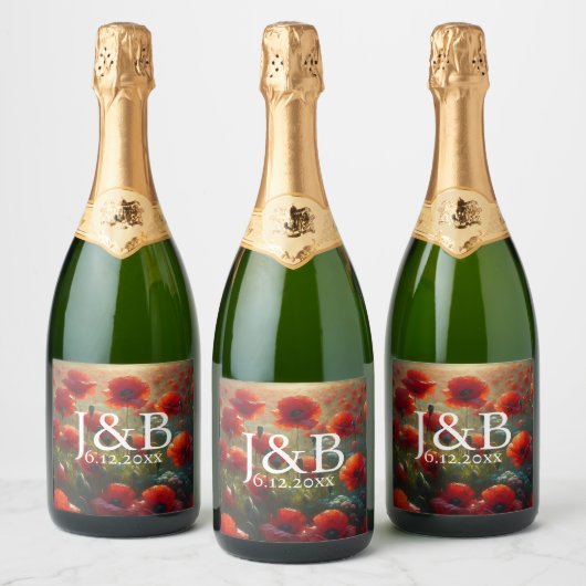 Rode Poppies Floral bruiloft gepersonaliseerd Sparkling Wijnetiket (Flessen)