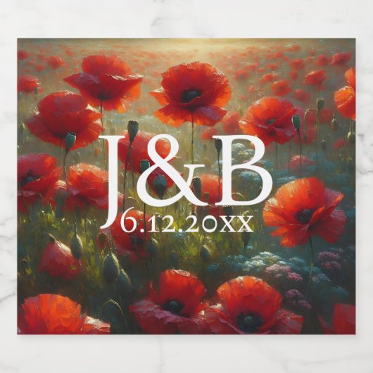Rode Poppies Floral bruiloft gepersonaliseerd Sparkling Wijnetiket (Enkel label)
