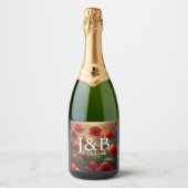 Rode Poppies Floral bruiloft gepersonaliseerd Sparkling Wijnetiket (Voorkant)