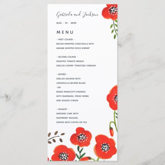 Rode poppies modern menu van de florale bruiloft (Voorkant)