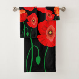 Rode poppies op zwarte achtergrondafbeelding bad handdoek
