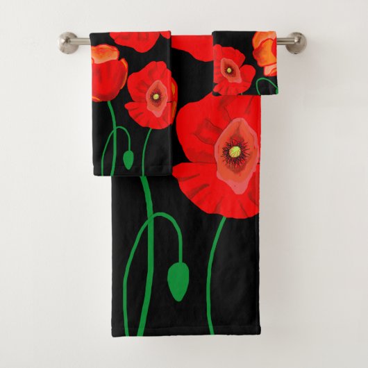 Rode poppies op zwarte achtergrondafbeelding bad handdoek (Insitu)