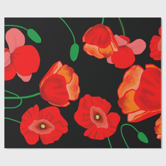 Rode poppies op zwarte achtergrondafbeelding cadeaupapier (Vlak)