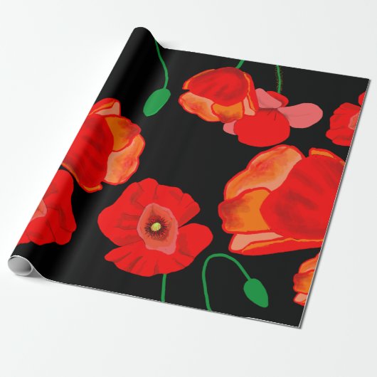 Rode poppies op zwarte achtergrondafbeelding cadeaupapier (Uitgerold)