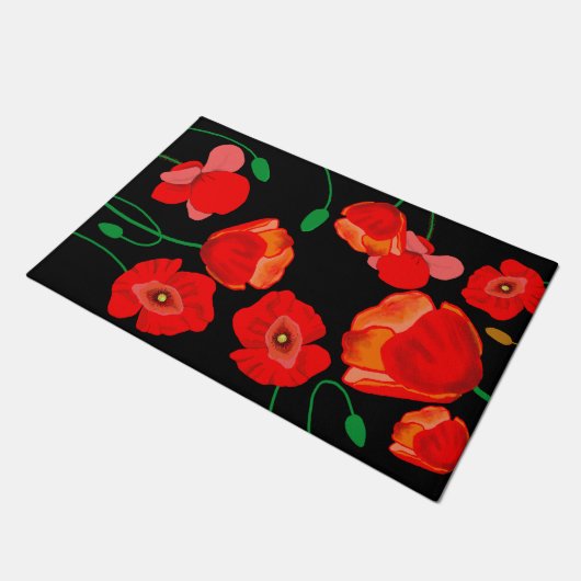 Rode poppies op zwarte achtergrondafbeelding deurmat (Schuin)