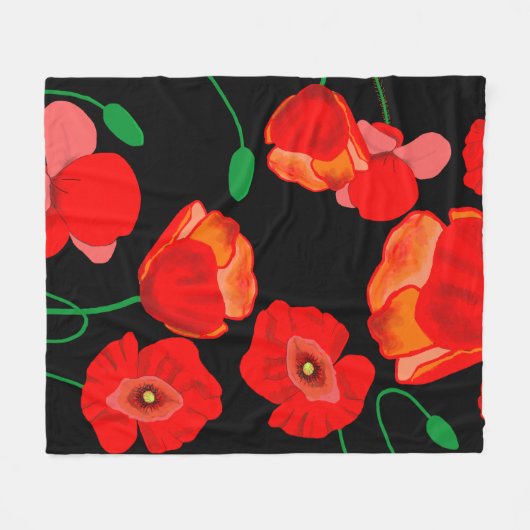 Rode poppies op zwarte achtergrondafbeelding fleece deken (Voorkant (Horizontaal))
