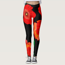 Rode poppies op zwarte achtergrondafbeelding leggings