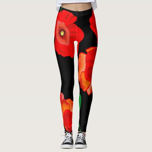 Rode poppies op zwarte achtergrondafbeelding leggings (Voorkant)