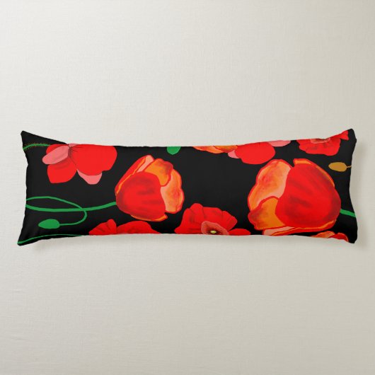 Rode poppies op zwarte achtergrondafbeelding lichaamskussen (Voorkant)