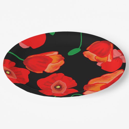 Rode poppies op zwarte achtergrondafbeelding papieren bordje (Gekanteld)