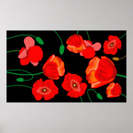 Rode poppies op zwarte achtergrondafbeelding poster