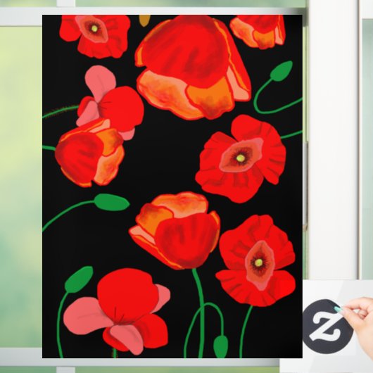 Rode poppies op zwarte achtergrondafbeelding raamsticker (Huis)