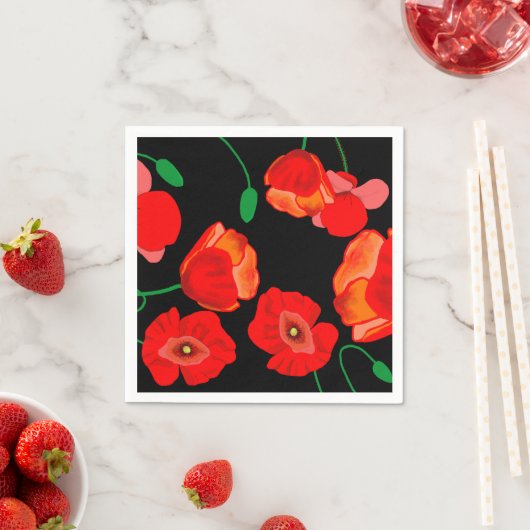 Rode poppies op zwarte achtergrondafbeelding servet (Insitu)