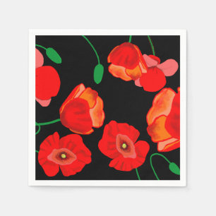 Rode poppies op zwarte achtergrondafbeelding servet