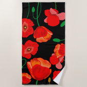 Rode poppies op zwarte achtergrondafbeelding strandlaken (Voorkant)