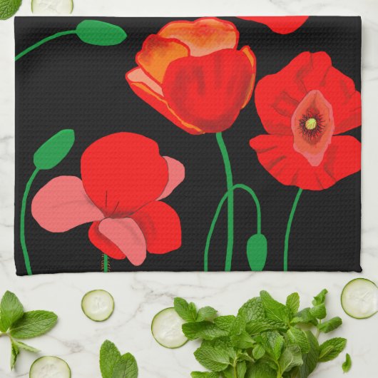 Rode poppies op zwarte achtergrondafbeelding theedoek (Gevouwen)