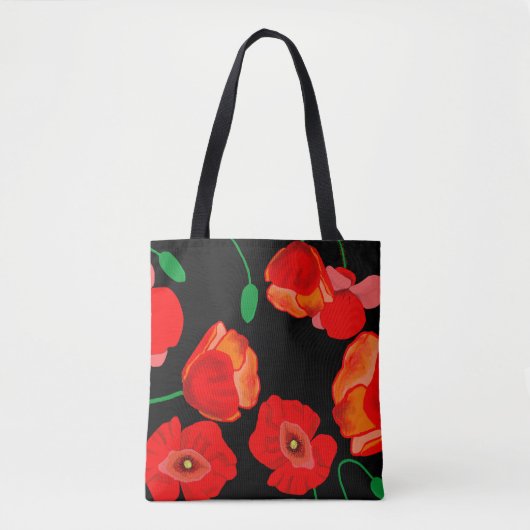 Rode poppies op zwarte achtergrondafbeelding tote bag (Voorkant)