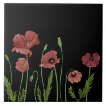 Rode poppies op zwarte keukentegels