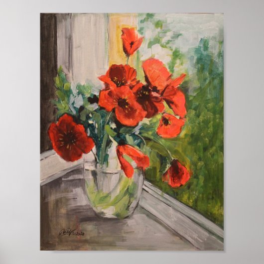 Rode poppies per raam poster (Voorkant)