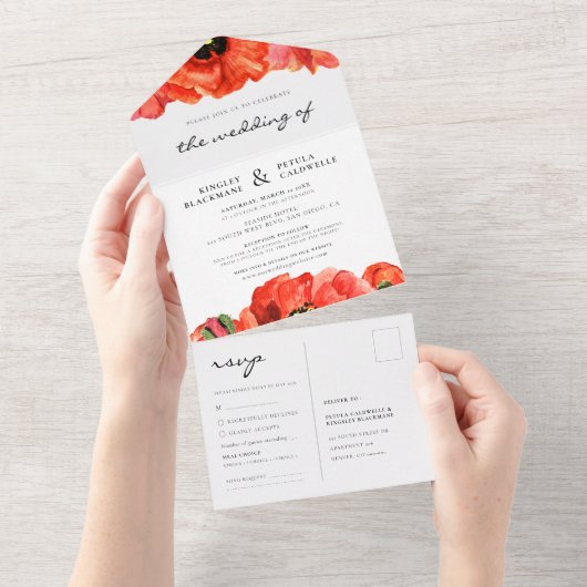 Rode poppies waterverf bruiloft all in one uitnodiging (Afscheurbaar)