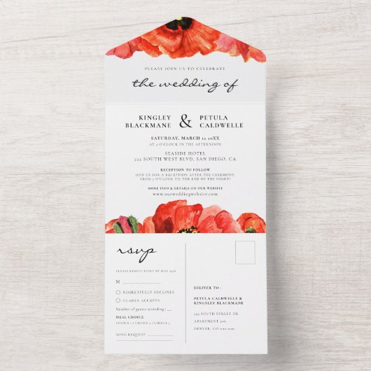 Rode poppies waterverf bruiloft all in one uitnodiging (Binnen)