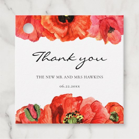 Rode poppies waterverf bruiloft bedankjes labels (Voorkant)