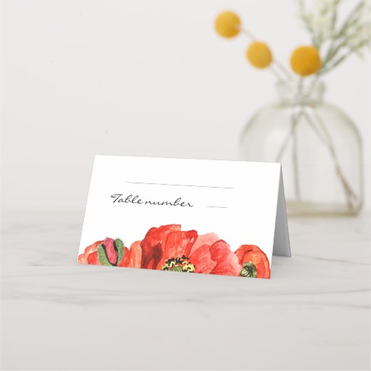 Rode poppies waterverf bruiloft plaatskaartje (Voorkant)