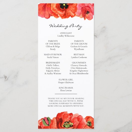 Rode poppies waterverf bruiloft programmakaart (Achterkant)