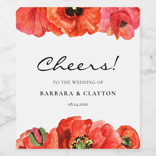 Rode poppies waterverf bruiloft wijn etiket (Enkel label)