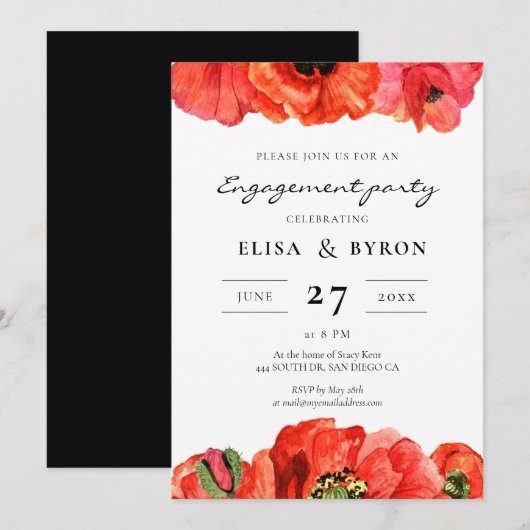 Rode poppies waterverf verlofpartij kaart (Voorkant / Achterkant)