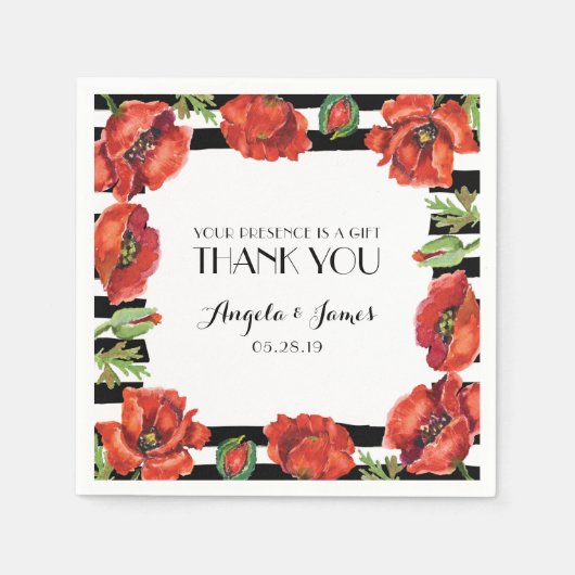 Rode Poppy Bloemen Met Zwarte Strepen Trouwen Servetten (Voorkant)