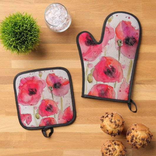 Rode Poppy Bloemen Patroon Papier Party Bord Ovenwant & Pannenlap Set (Top down)