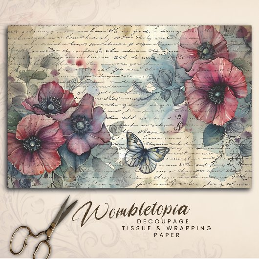  Rode Poppy & Butterfly Waterverf Decoupage Tissuepapier