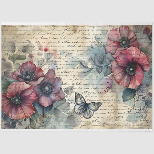  Rode Poppy & Butterfly Waterverf Decoupage Tissuepapier (Voorkant)