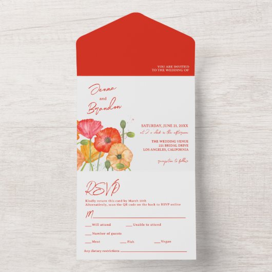 Rode Poppy Floral QR Code RSVP Bruiloft All In One Uitnodiging (Binnen)