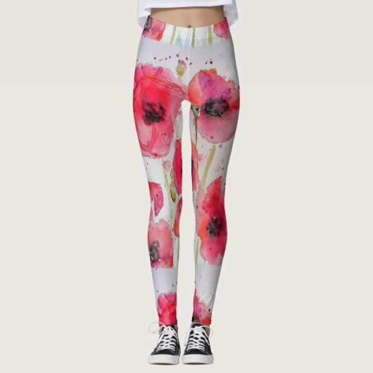 Rode Poppy Floral Waterverf Art Leggings (Voorkant)