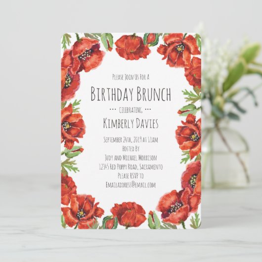 Rode Poppy Polka Dot Verjaardag Brunch Kaart (Staand voorkant)