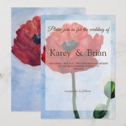 Rode Poppy Waterverf Art Bruiloft Kaart (Voorkant / Achterkant)