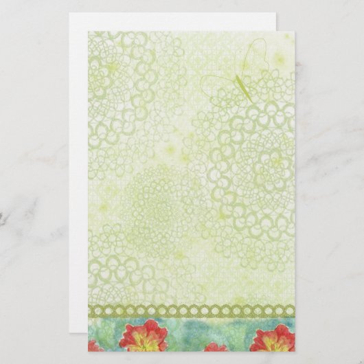 Rode Poppy Waterverf Bloemen Chatreuse Groen Briefpapier (Voorkant / Achterkant)