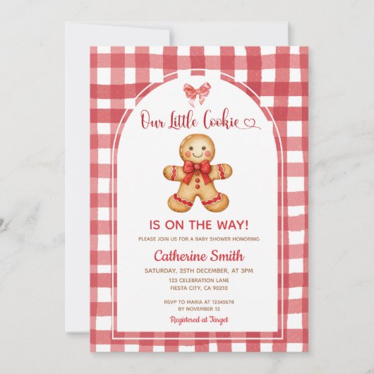 Rode Preppy Gingham Gingerbread Baby Shower Kaart (Voorkant)