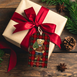 Rode Preppy Plaid Kerst Teddybeer Cadeaubijslagen Cadeaulabel