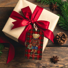 Rode Preppy Plaid Kerst Teddybeer Cadeautags Cadeaulabel