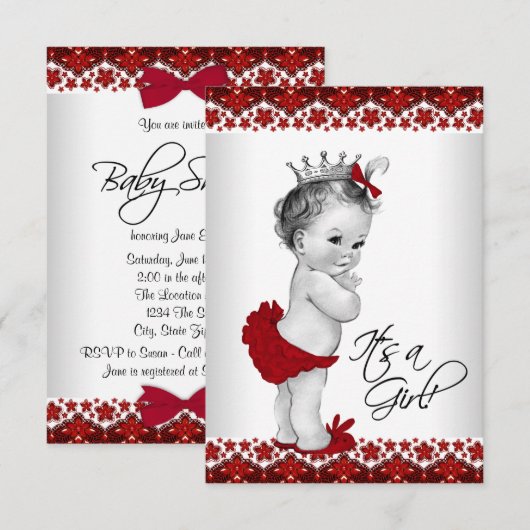 Rode  prinses Baby shower Kaart (Voorkant / Achterkant)