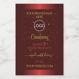 Rode productlabels gouden glittersprinkels en logo voedselcontainer etiket